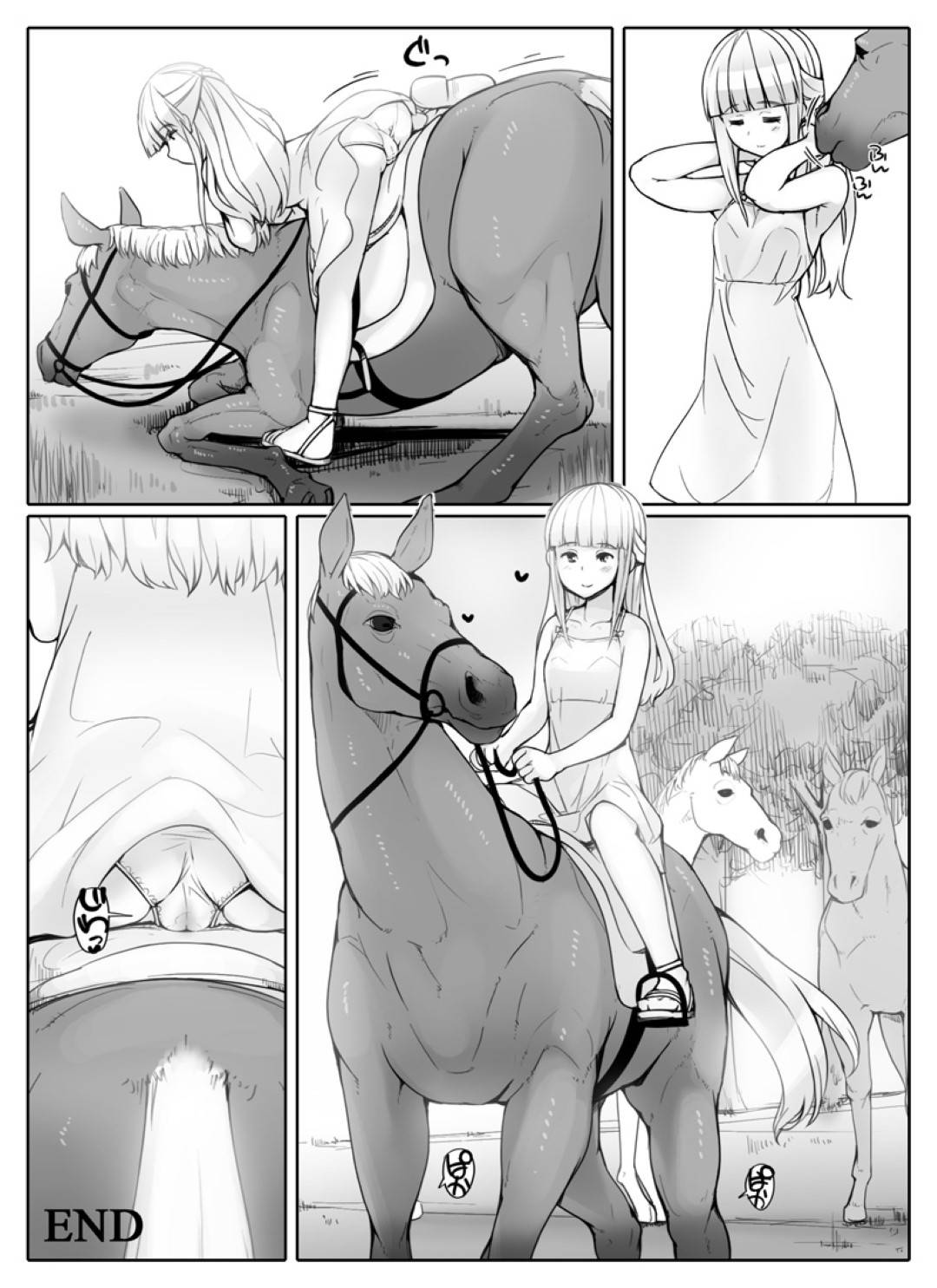 【エロ漫画】乗馬で静かな場所にやって来た少女…馬から降りて解放感を味わっていると馬にスカートをめくられそのまま全裸になる！【Abubu：うままん】
