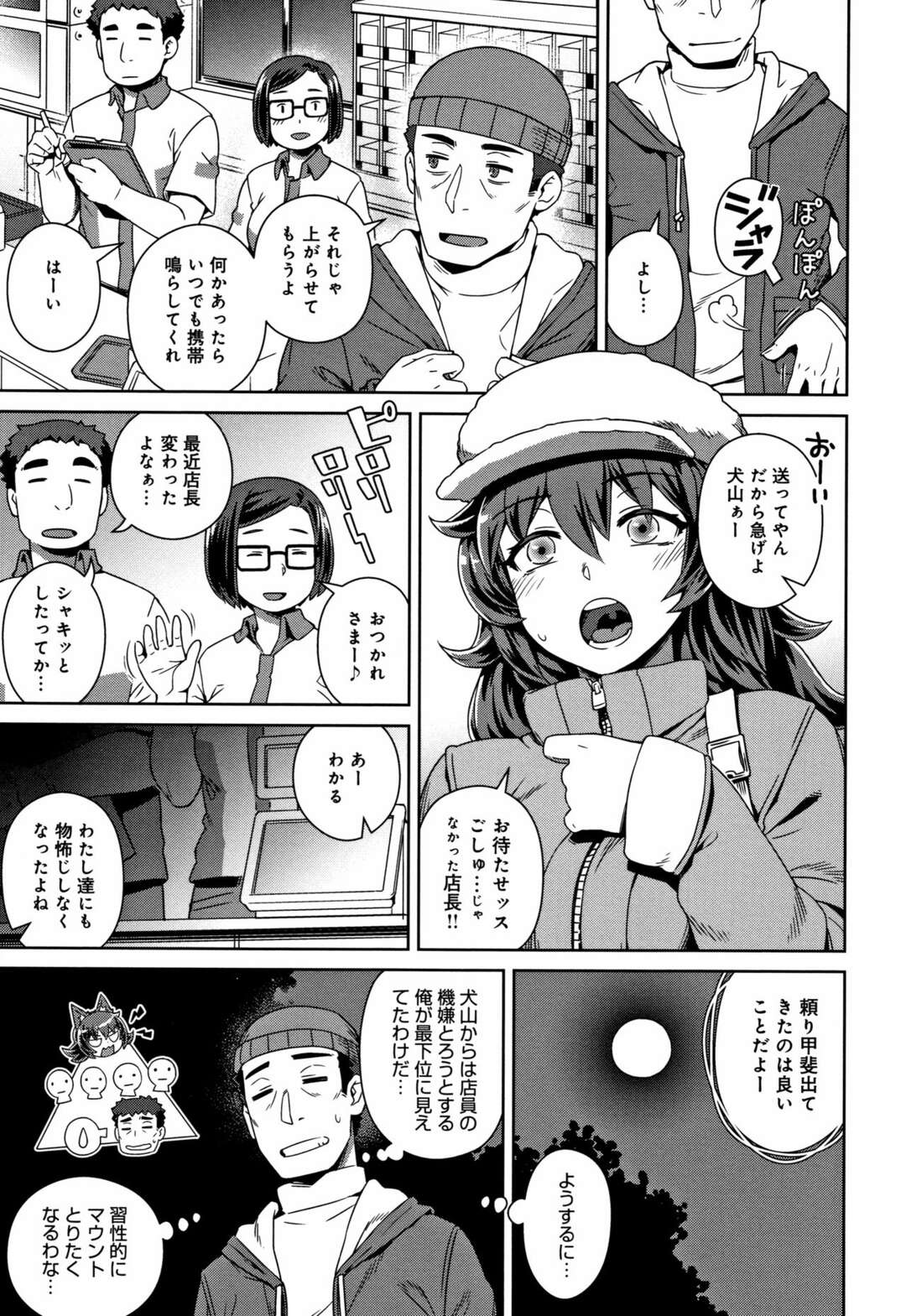 【エロ漫画】店長の頭と満月を見間違え本当の姿が出てしまった巨乳狼娘…満月を見た後に起こる発情に気づかれてしまい店長のチンポを素直に咥える！【交介：発情！わんわんわーく】