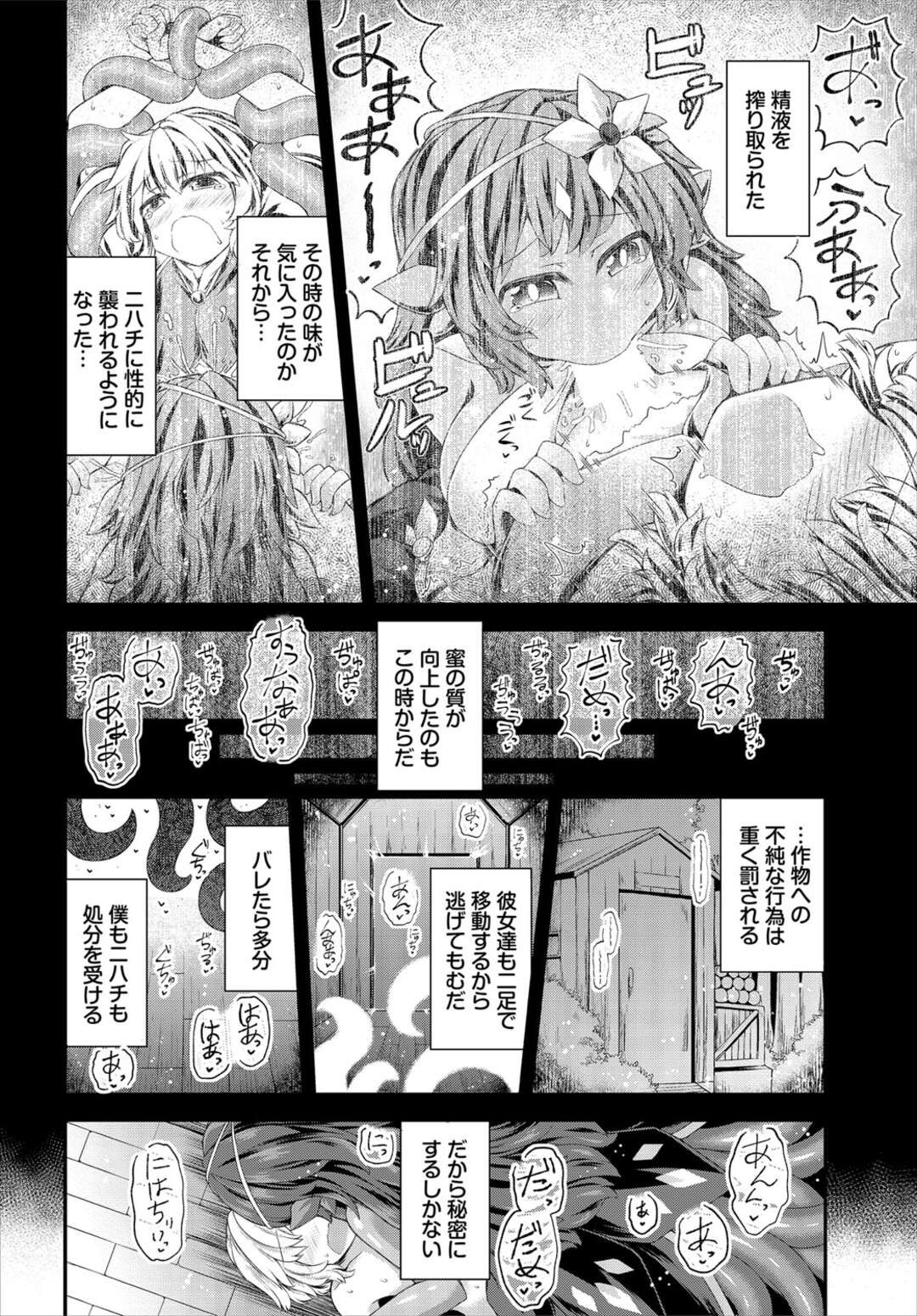 【エロ漫画】ダンジョンから開拓した農地で、美少女姿の魔物『アルラウネ』を手懐けて養殖する主人公…そんなアルラウネの中の一人、ニハチと性的な関係を持つ主人公は今日も彼女に襲われる！【飛膝ムムム：契約農家の作物と行為に及んではならない】