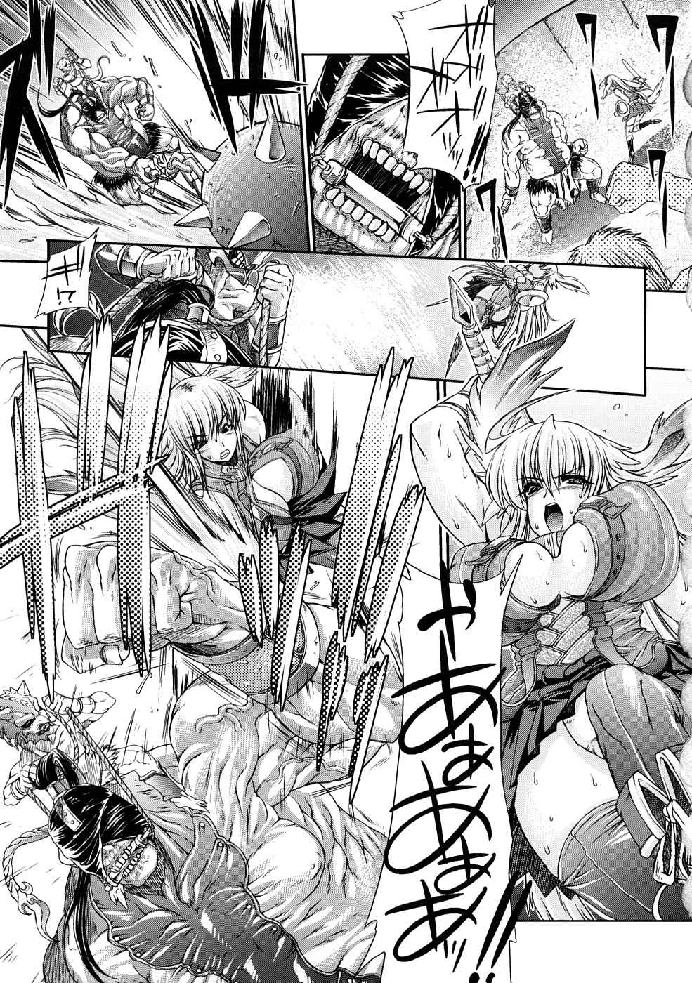 【エロ漫画】コロシアムで人外オーガと戦わされるムチムチ女戦士。呆気なく敗北した彼女は発情したオーガにステージでイラマされたり、観客の男たちに襲われて公開集団レイプされてしまう！【エレクトさわる：Beast on the Deart】