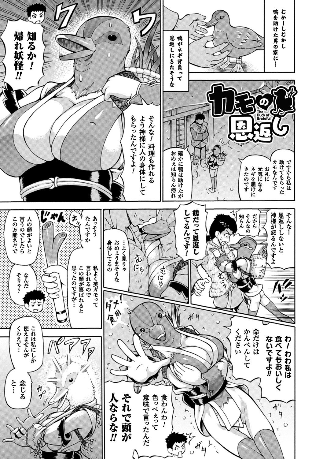 【エロ漫画】一度自分を助けてくれた男の元に人間の姿となって恩返しに現れた美少女カモ娘…しかし寒さで倒れて男に介抱されることになり、ネギをアナルに突っ込まれたあと尻も膣内も両方ちんぽをハメられ、連続イチャラブ中出しセックスしてイキまくる【しいなかずき：カモの恩返し】