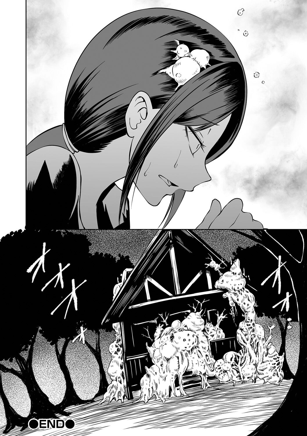 【エロ漫画】毒キノコを食べて侵蝕されてしまう女性を助けるため管理人を呼びにいくも化物たちに襲われて必死に身を守るため奮闘する【阪本KAFKA：NIGHT OF THE HELL FUNGUS】 24ページ