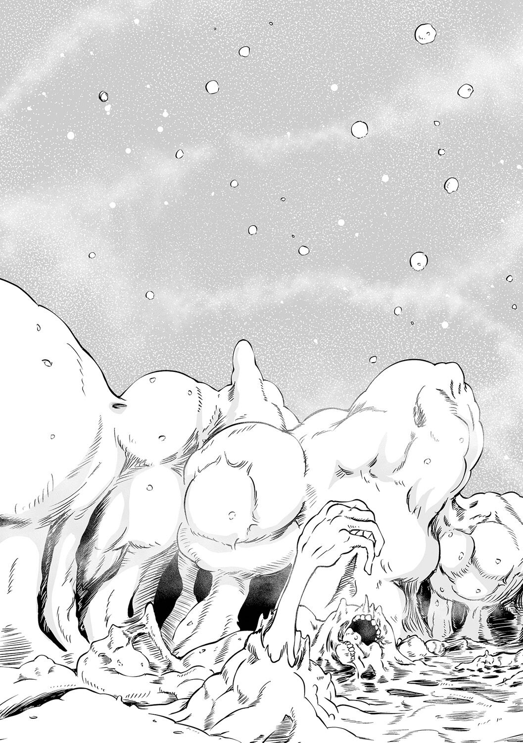 【エロ漫画】3人組が山小屋で鍋を作っていたとき、麻衣がキノコを食べてしまい体に紫色のキノコが生え容貌が醜くなり果てた…あかねはその状態を知り、理性を失った麻衣を殺しその後、美咲の頭にもキノコが成長する【阪本KAFKA：NIGHT OF THE HELL FUNGUS】
