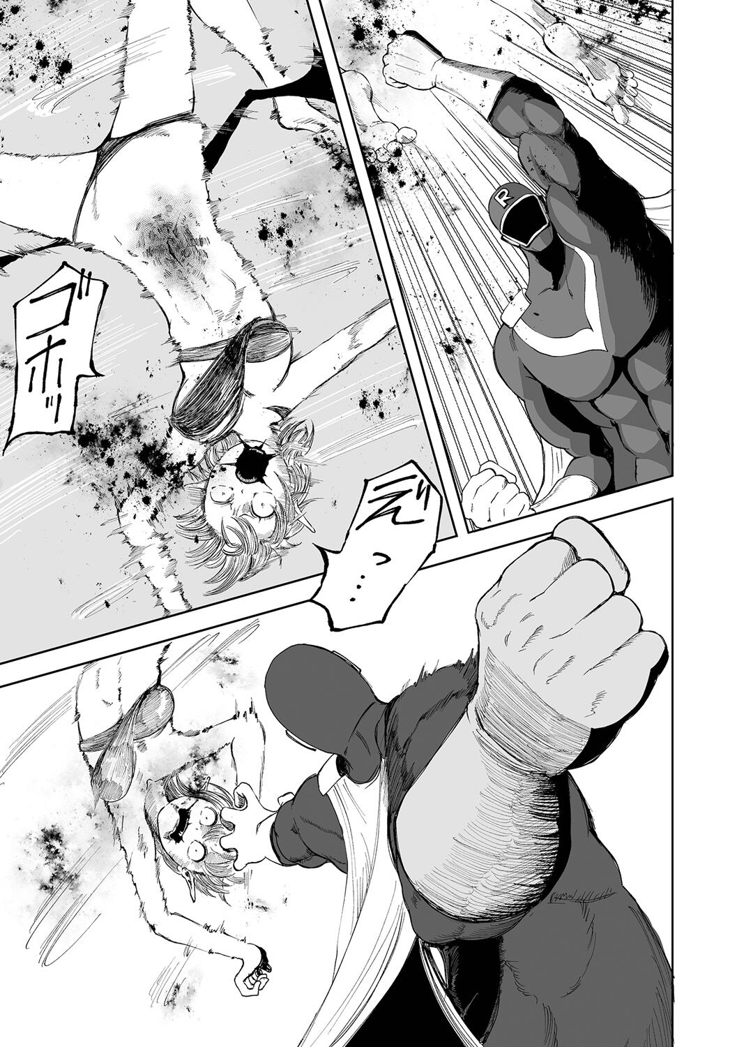 【エロ漫画】突然現れたヒーローにボコボコにやられてしまう3人の怪人お姉さん…あまりにも強すぎて容赦なく内蔵をえぐられて吊るされて燃やされてしまう【阪本KAFKA：正義の爆炎 ジャスティスレッド】 5ページ