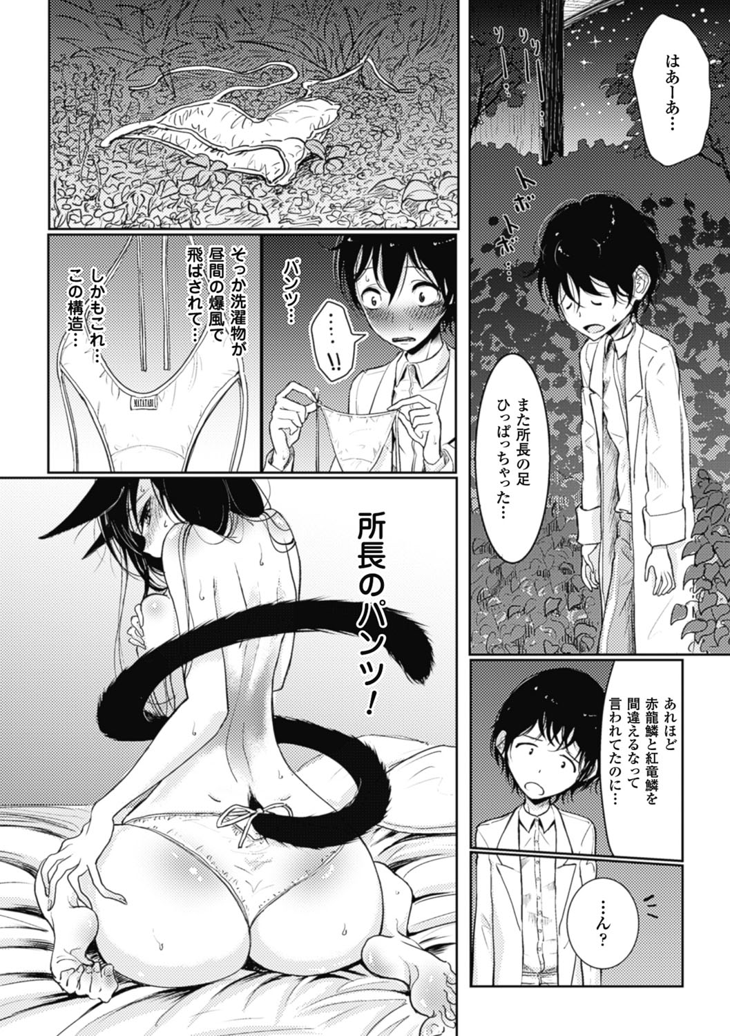 【エロ漫画】実験の失敗を片づけた夜、部下への気持ちに戸惑い、庭で彼の様子をうかがう猫耳の女性所長…オナニーをしている雄の匂いにつられて生ハメ中出し逆レイプしちゃう【ディビ：発情調教あいだ】